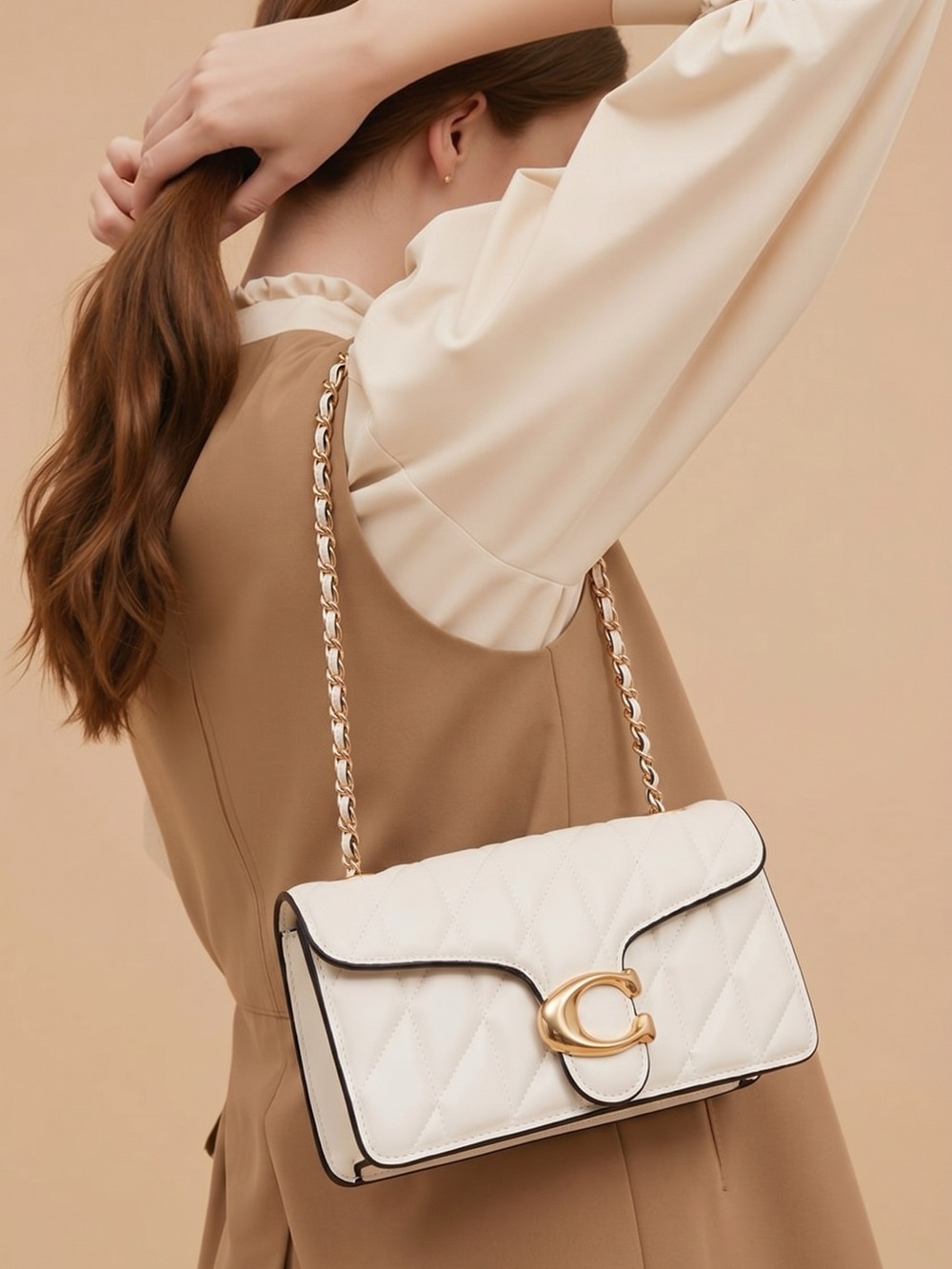 Quilted Cream Shoulder Bag with Gold Accent
